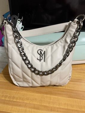 Steve Madden Cream Quilted Shoulder Bag with Gunmetal Chain